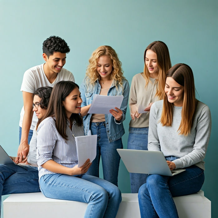 Group of students collaborating, smiling while reading papers and using laptop.
