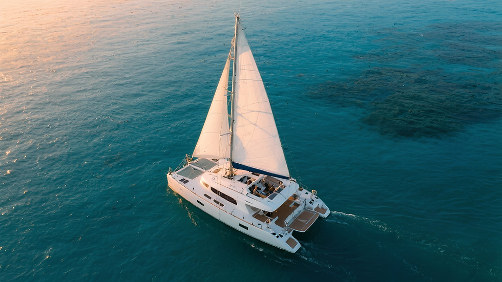 White catamaran sailing on turquoise waters with its billowing sails