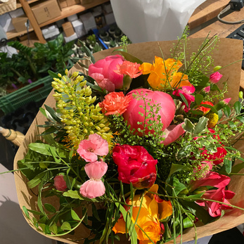 Bouquet coloré de pivoines, œillets et autres fleurs
