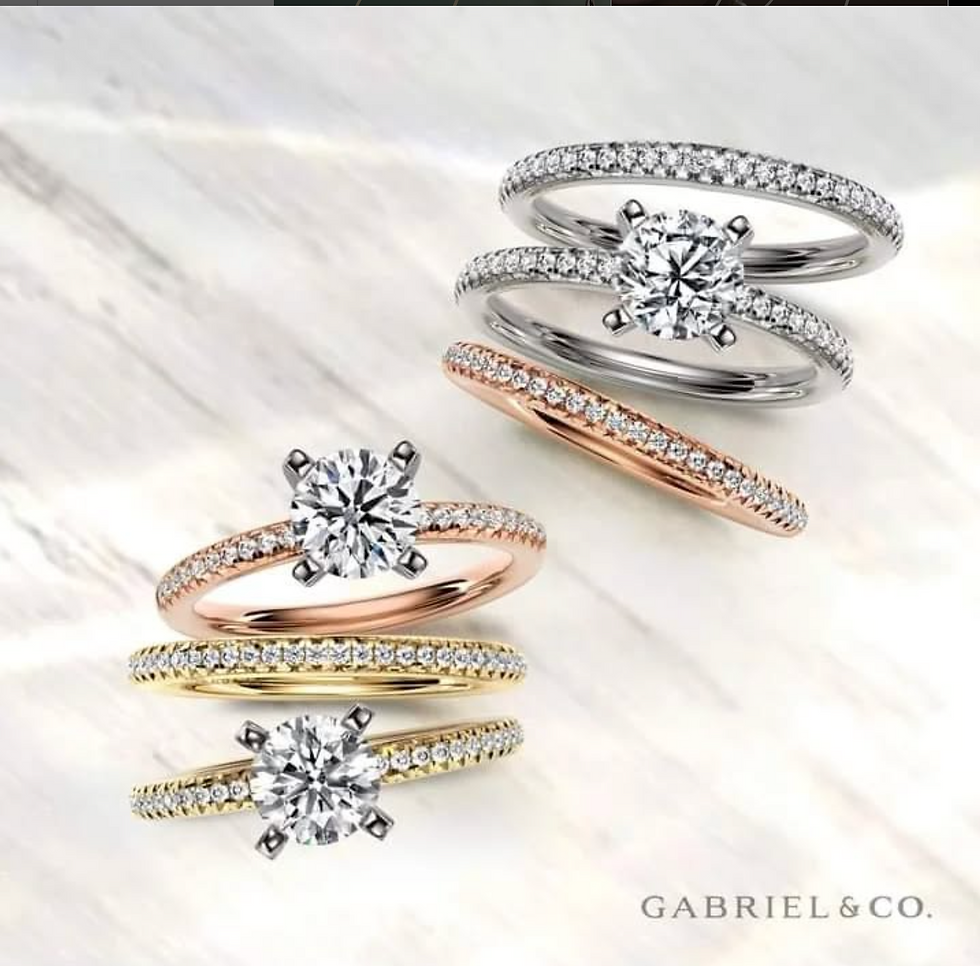 Various diamond rings on display; Gabriel & Co. Jewels by the Sea.