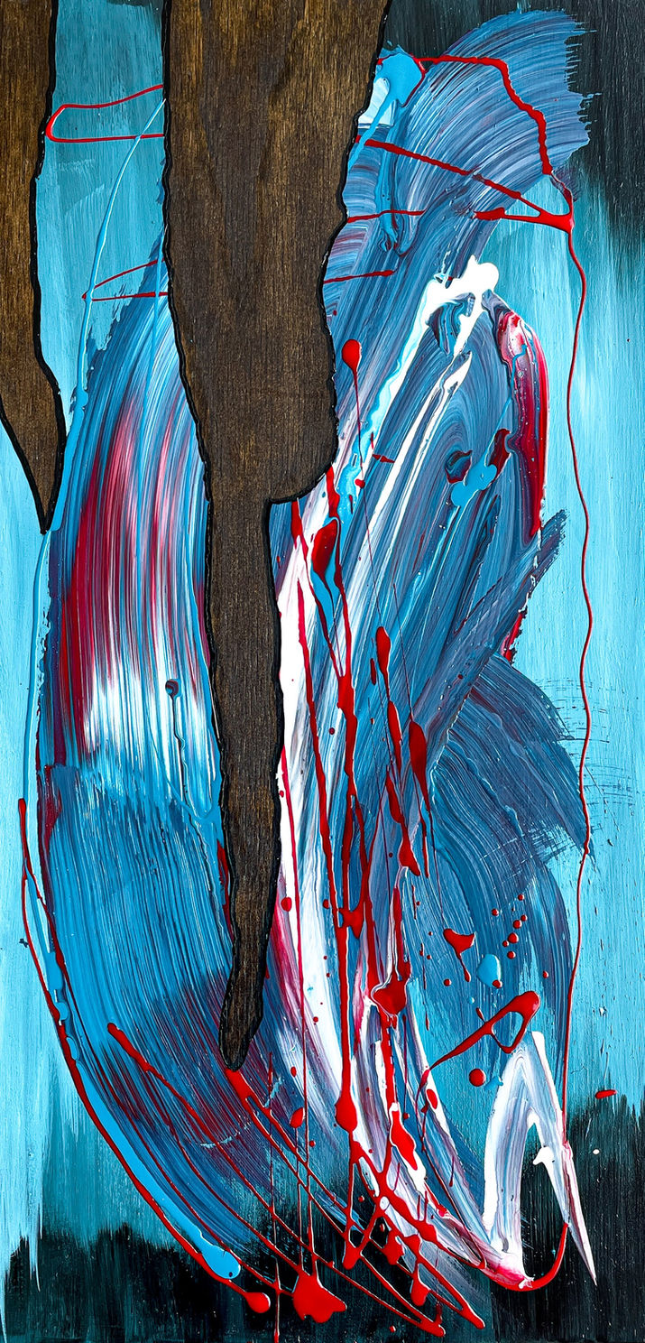 Abstract art with blue, red, and brown paint on a blue background.