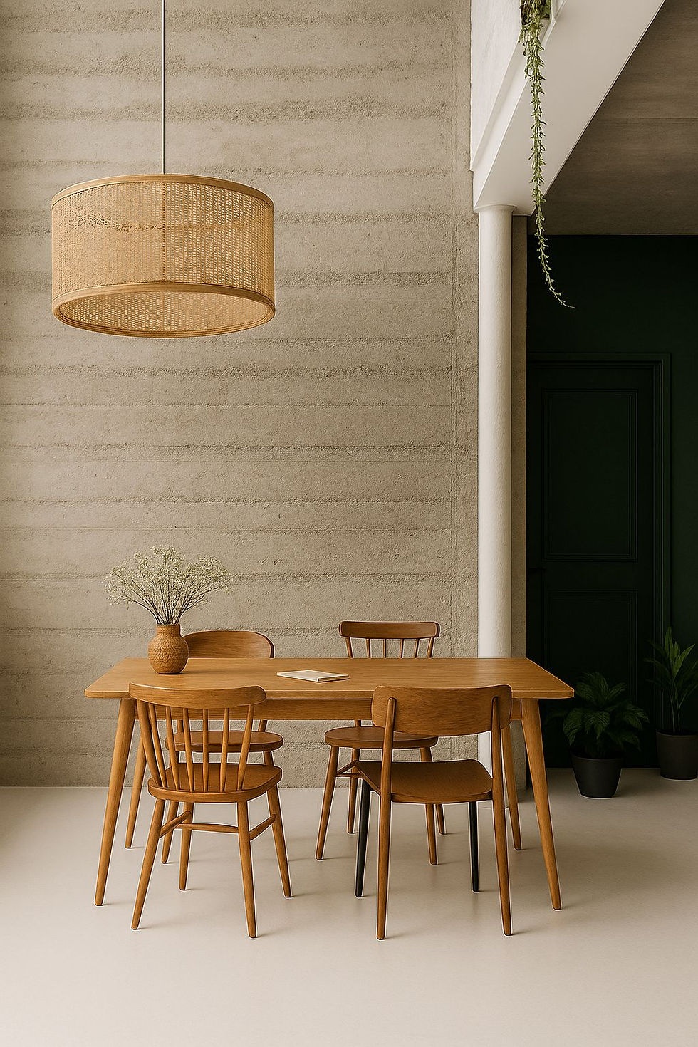 Wooden dining table with chairs and pendant lamp