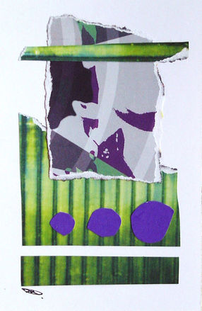 Collage astratto con forme geometriche, strisce verdi e viola