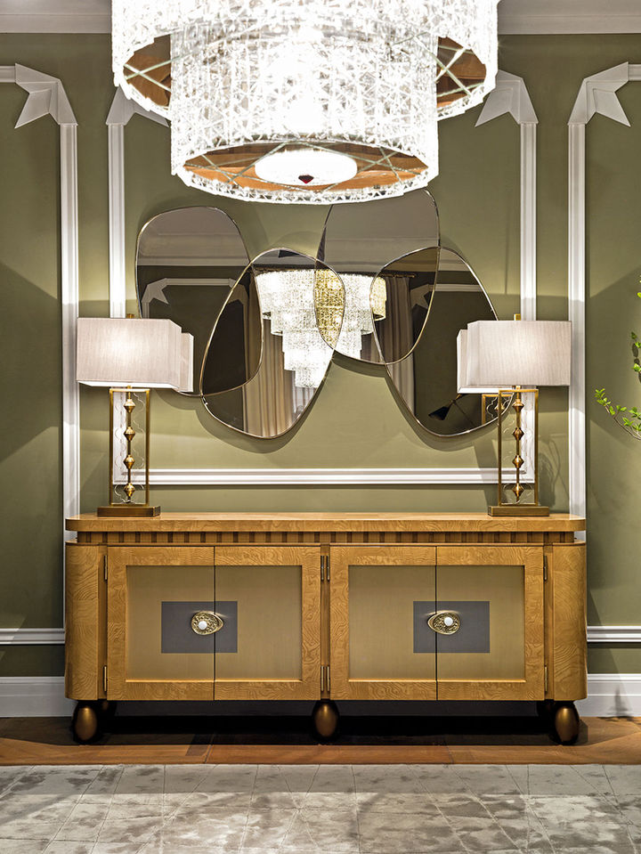 Sideboard with ash burl inlays. Steel and brass doors with marble details.