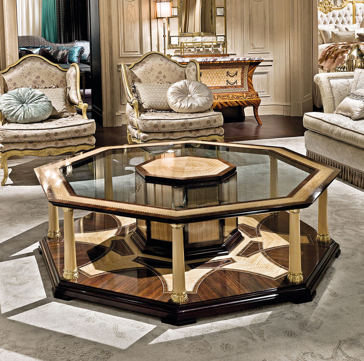 Inlaid octagonal coffee table with crystal top.