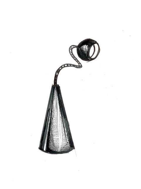 Disegno di un cabasa, uno strumento musicale a percussione a forma di cono con una corda attorcigliata intorno a una sfera sulla cima