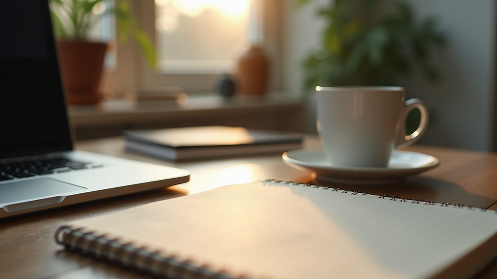 Eye-level view of a cozy workspace with a notebook and coffee cup