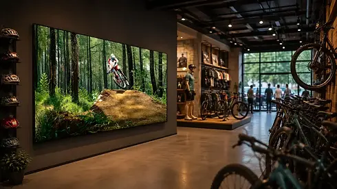 Großformatige COB LED-Videowall P1.25 zur digitalen Produktpräsentation in einem modernen Fahrra