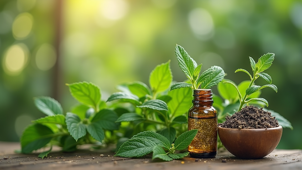 Close-up view of fresh organic herbs and plants used in skincare