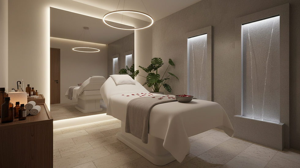 Eye-level view of a serene spa room with a facial treatment bed and soft lighting