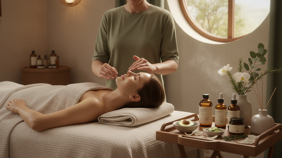 Eye-level view of a serene spa treatment room with soft lighting