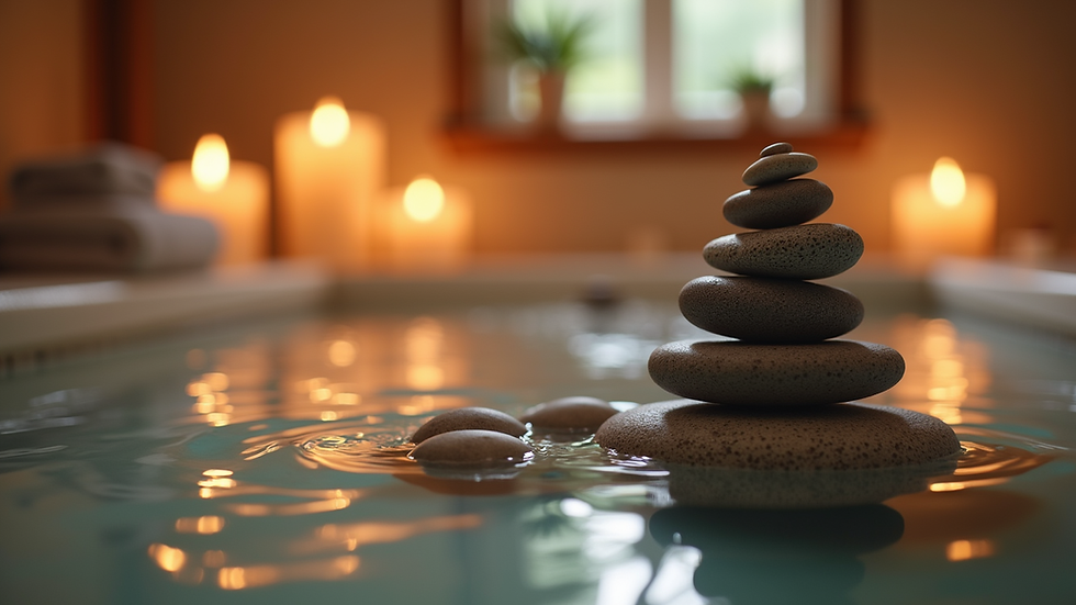 Eye-level view of a serene spa room with stones and candles arranged for therapy