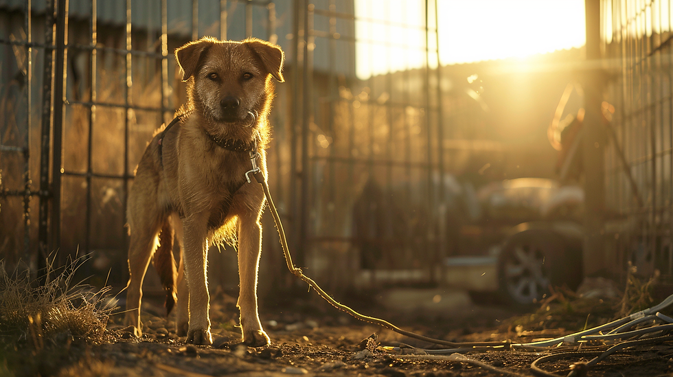 Ein Hund der in der Sonne an einer viel zu kurzen Leine ohne wasser angebunden wurde.