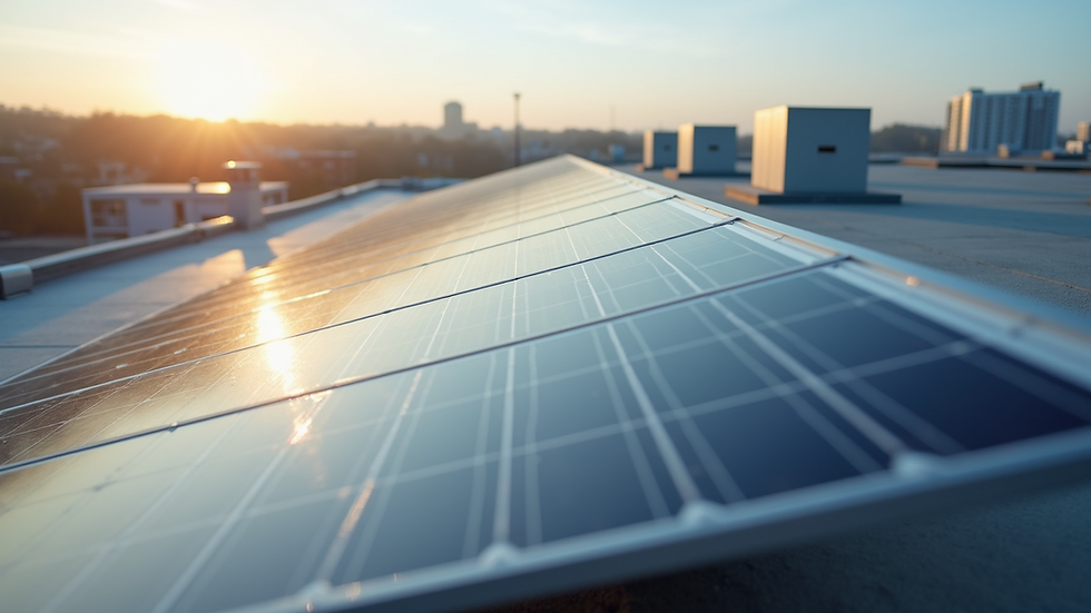 Close-up view of a solar panel installation on a commercial building rooftop