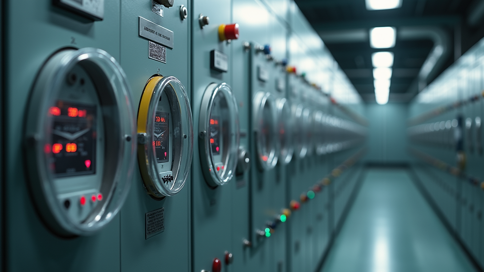 High angle view of energy meters and control panels in an industrial plant