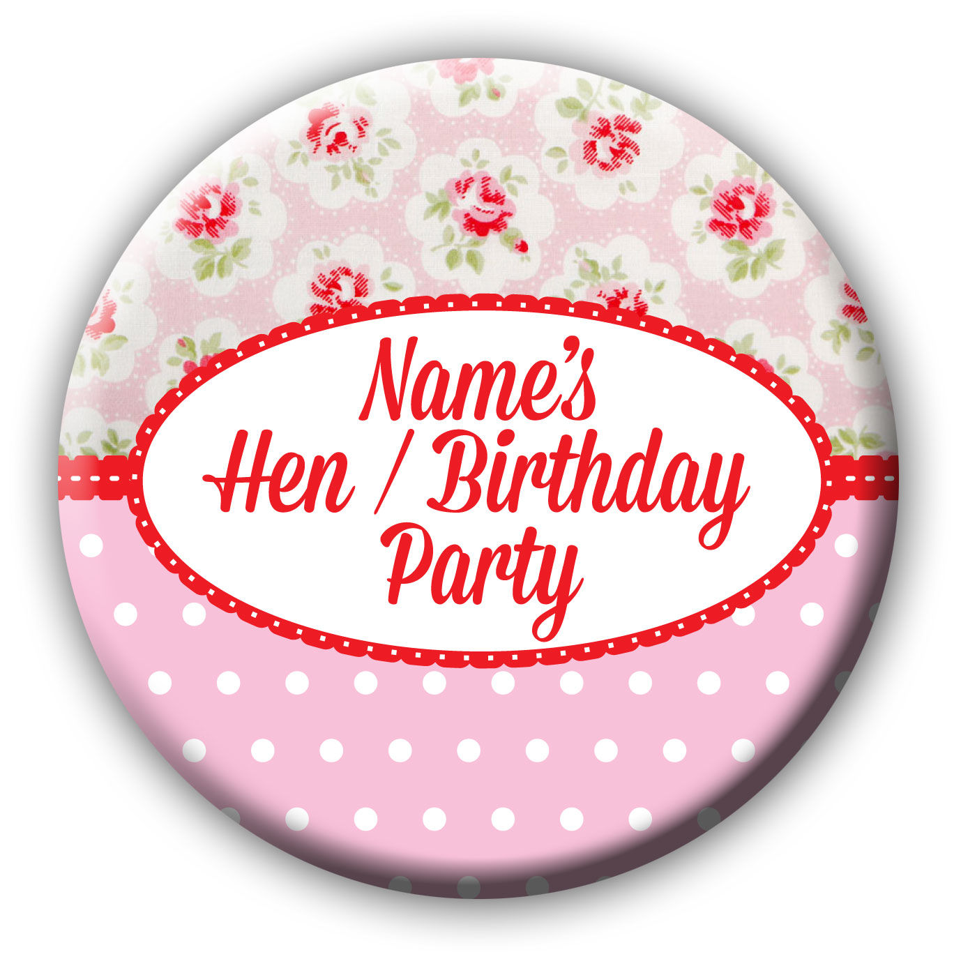 Cath Pink Floral and Dot Hen or Birthday Name Badge or Teacher Tha