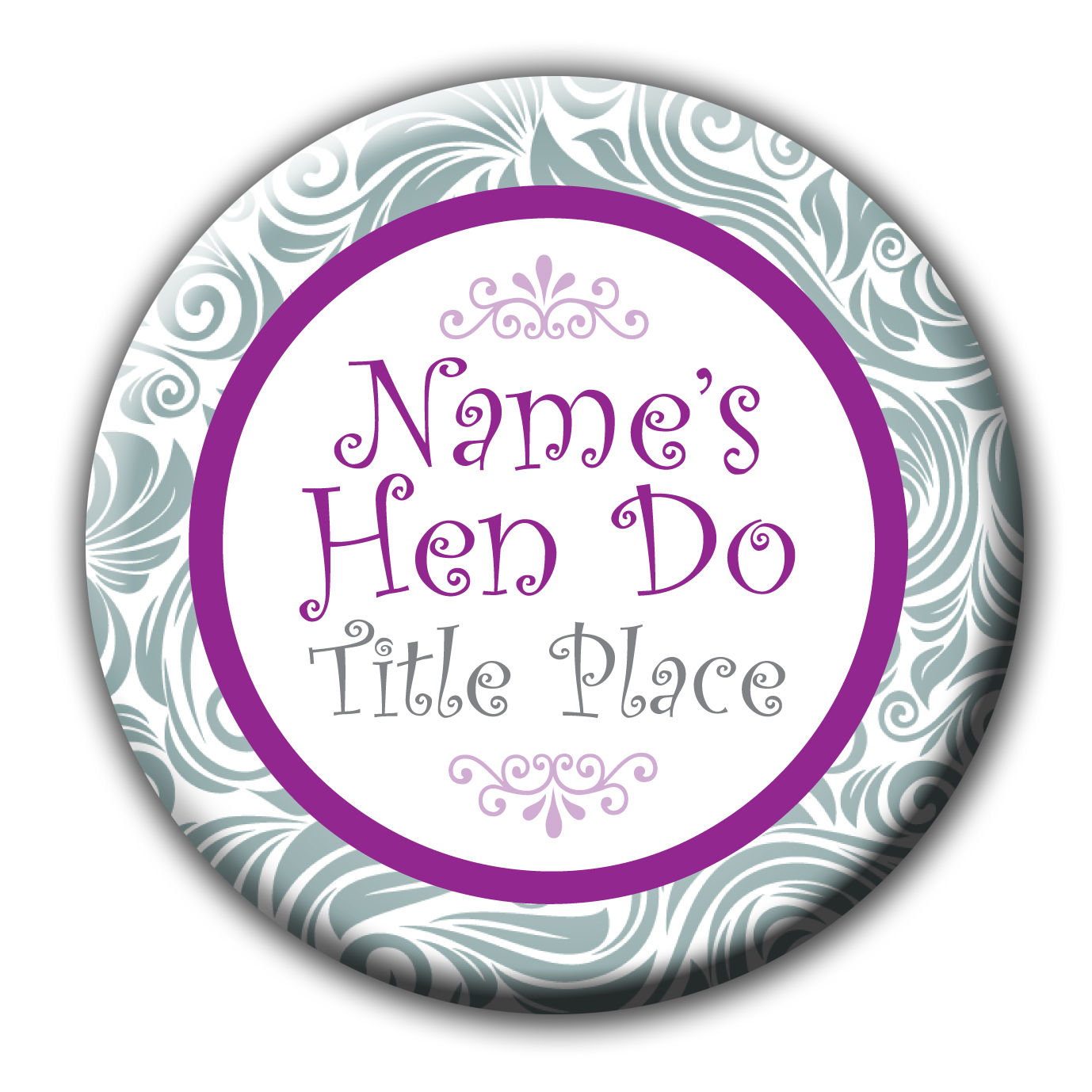 Silver Scroll Border Purple Hen or Birthday Name, Date, Place, Titles