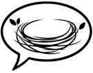 Speech bubble with a bold black outline on a transparent background, conveying an opportunity for dialogue or expression, with a line drawing of a nest inside.