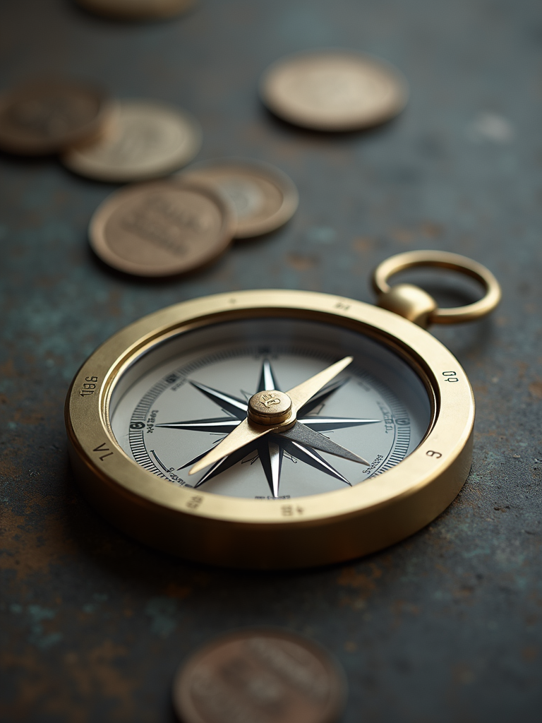 An abstract symbolic representation of financial navigation using a compass.