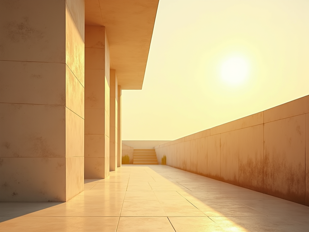Warm golden summer sunlight casting shadows on minimalist architectural lines.