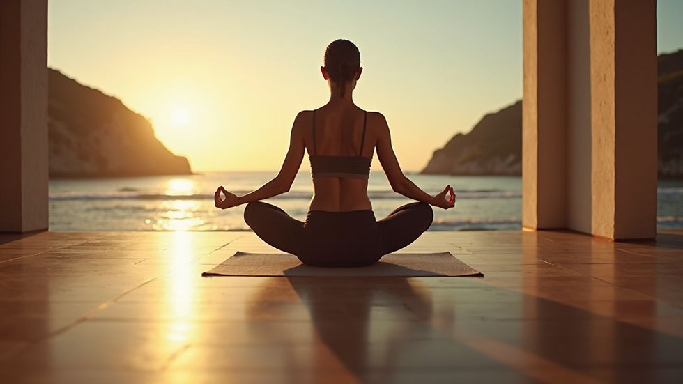Eye-level view of a person practicing yoga in a serene environment