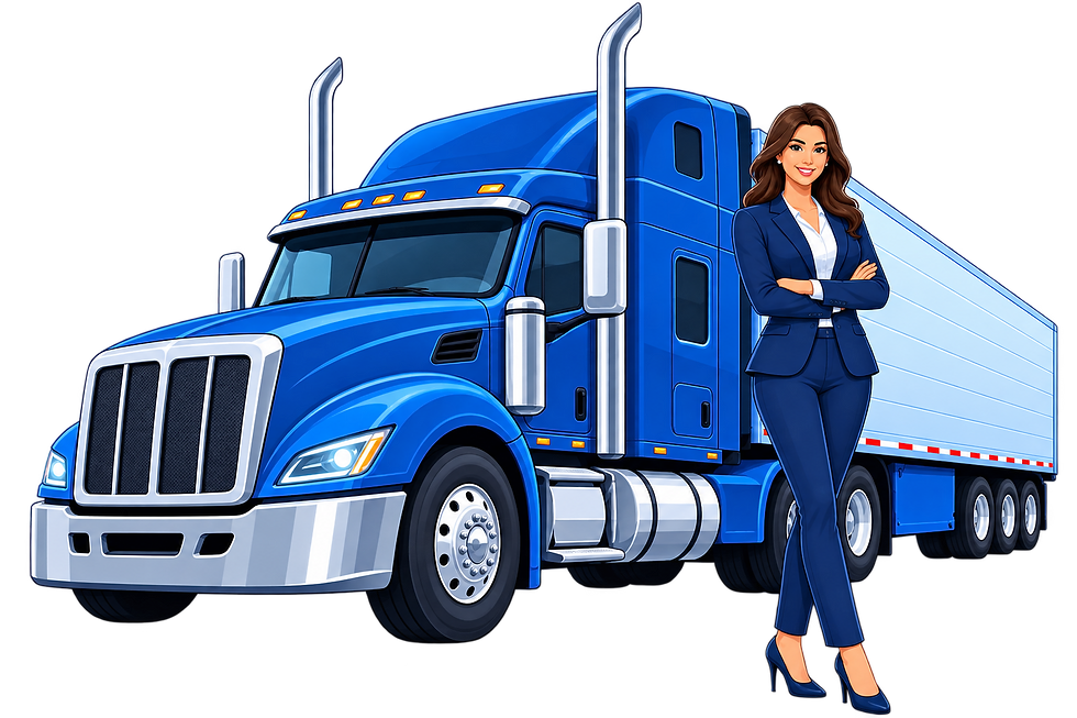 Woman in a suit beside a blue semi-truck for commercial truck insurance.