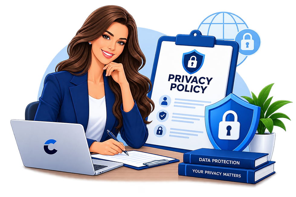 Professional woman with laptop and Privacy Policy clipboard