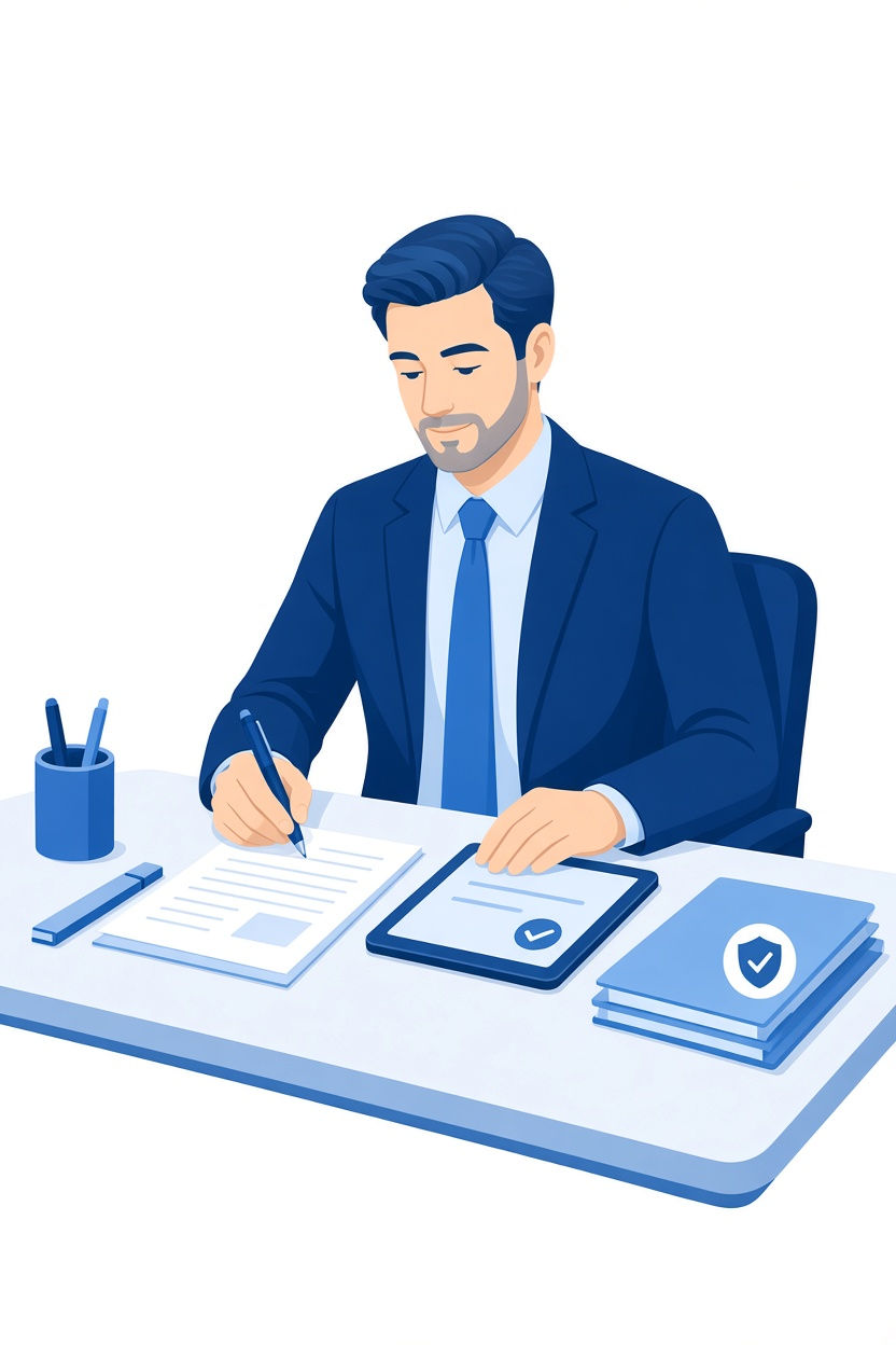 Agent signing papers for commercial truck insurance.