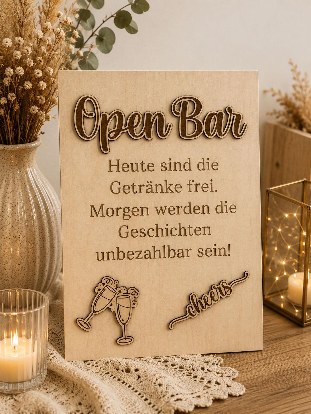 Hochzeitsschild „Open Bar“ aus Holz | A4 oder A3 | personalisierbar