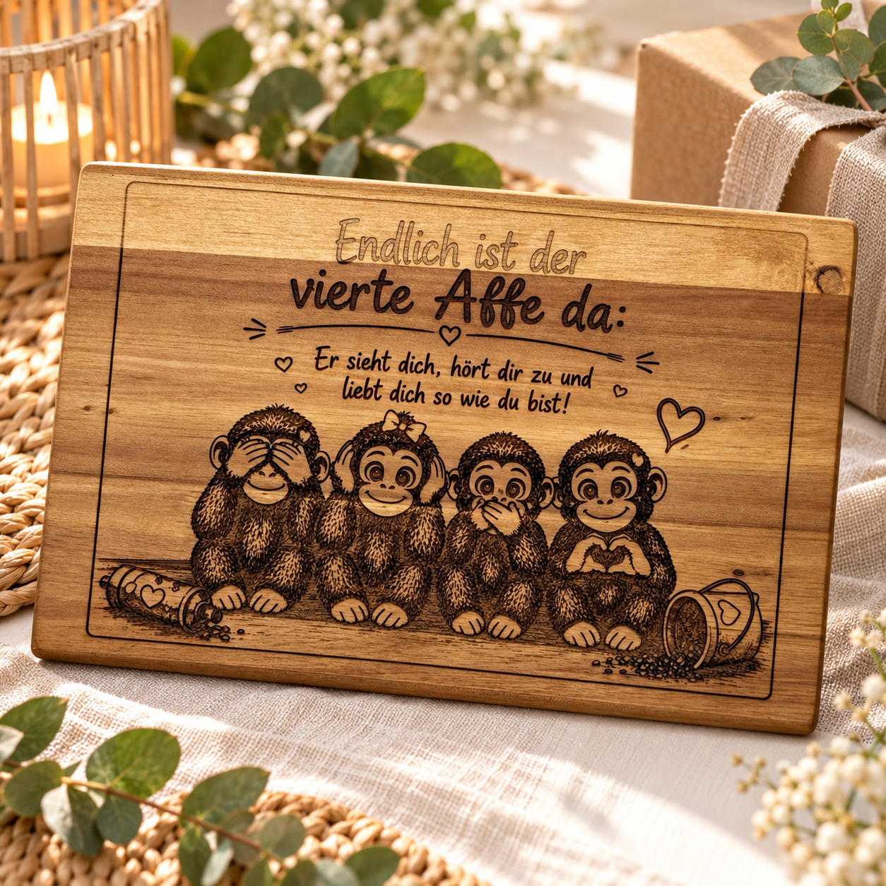 Frühstücksbrettchen „Endlich ist der vierte Affe da“