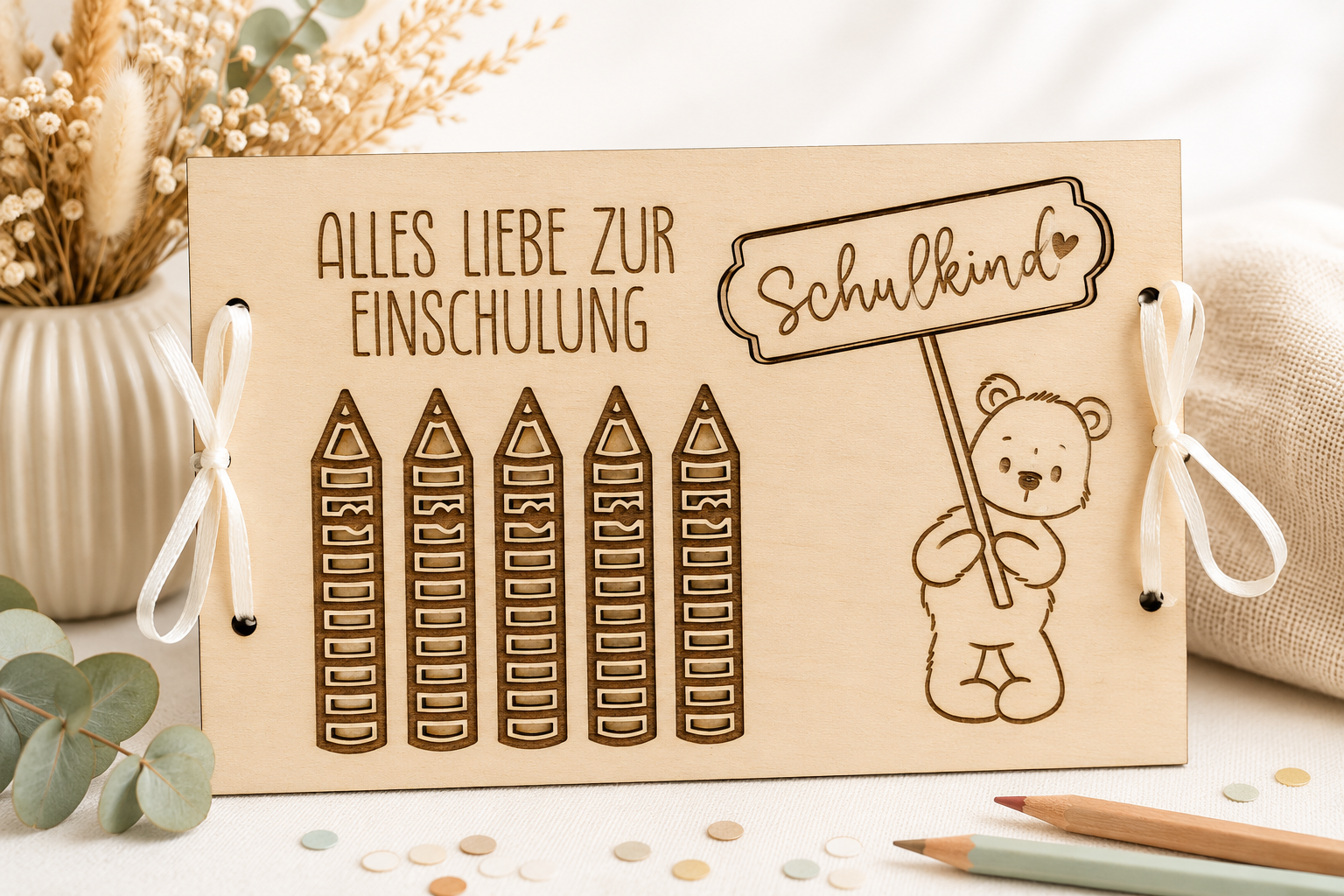Geldgeschenk zur Einschulung aus Holz – Bär „Schulkind“ – Einschulung
