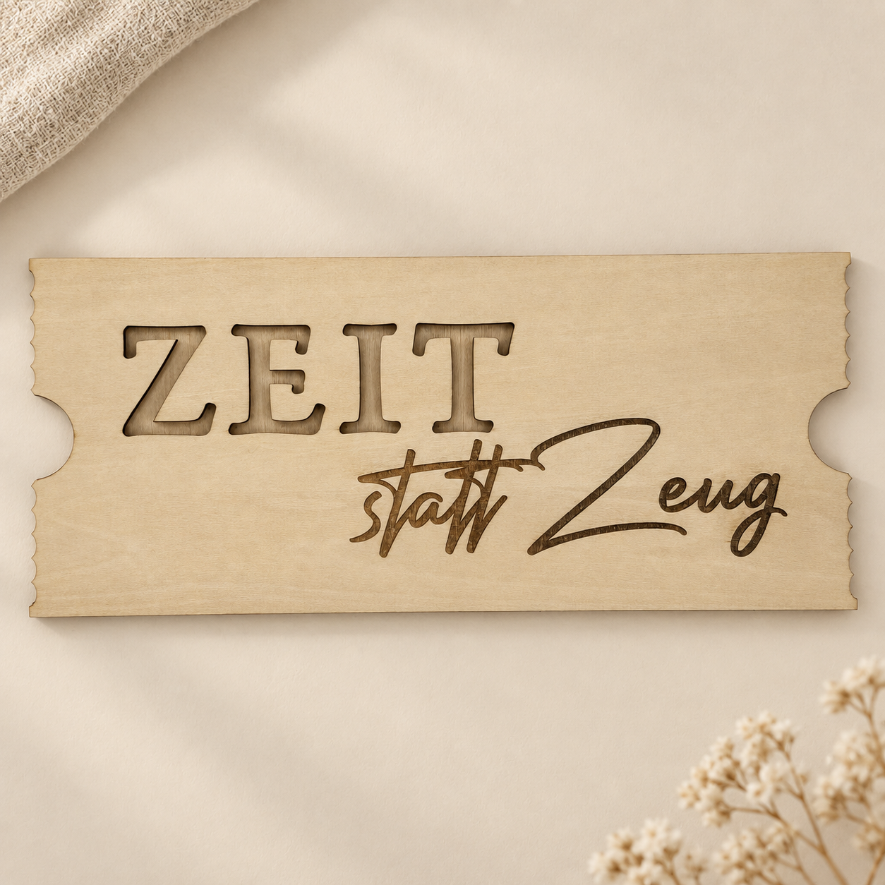 Holzticket „Zeit statt Zeug“ – gemeinsame Zeit verschenken