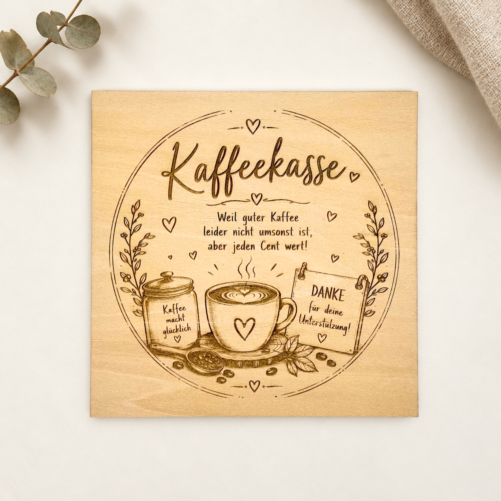 Spardose mit graviertem Holzeinleger - Kaffeekasse
