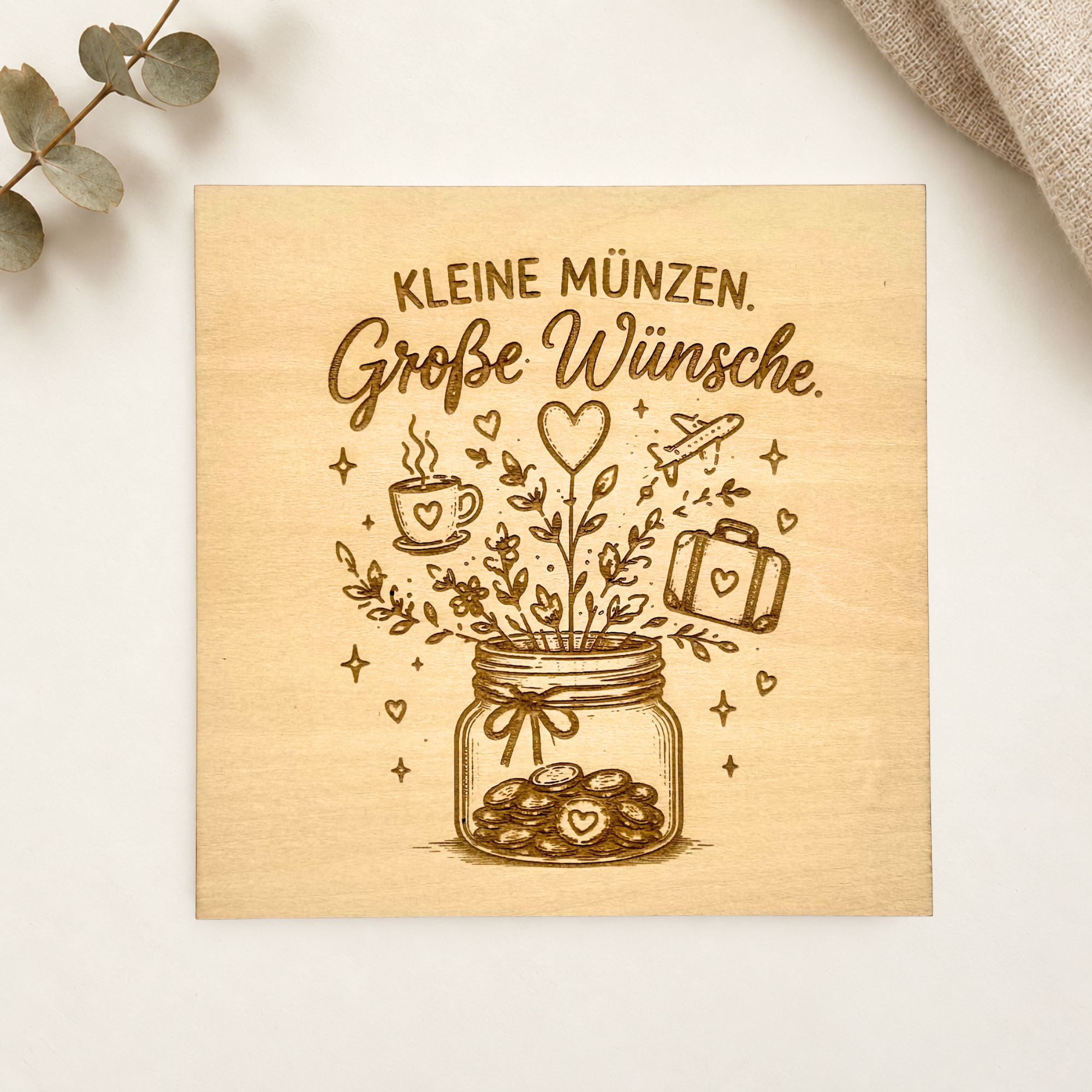 Spardose mit graviertem Holzeinleger - große Wünsche
