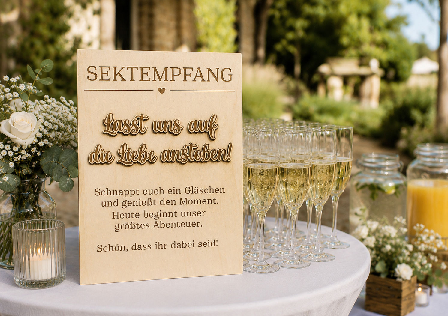 Hochzeitsschild „Sektempfang“ aus Holz | A4 oder A3 | personalisierbar