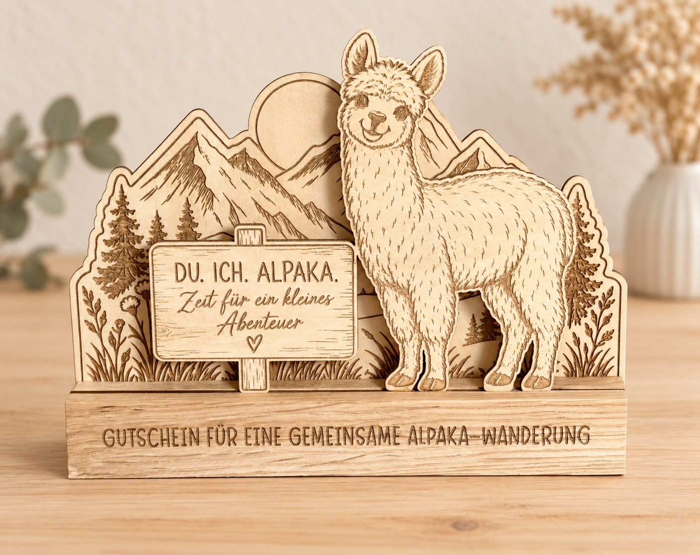 Alpaka-Aufsteller „Gutschein für eine Alpakawanderung“