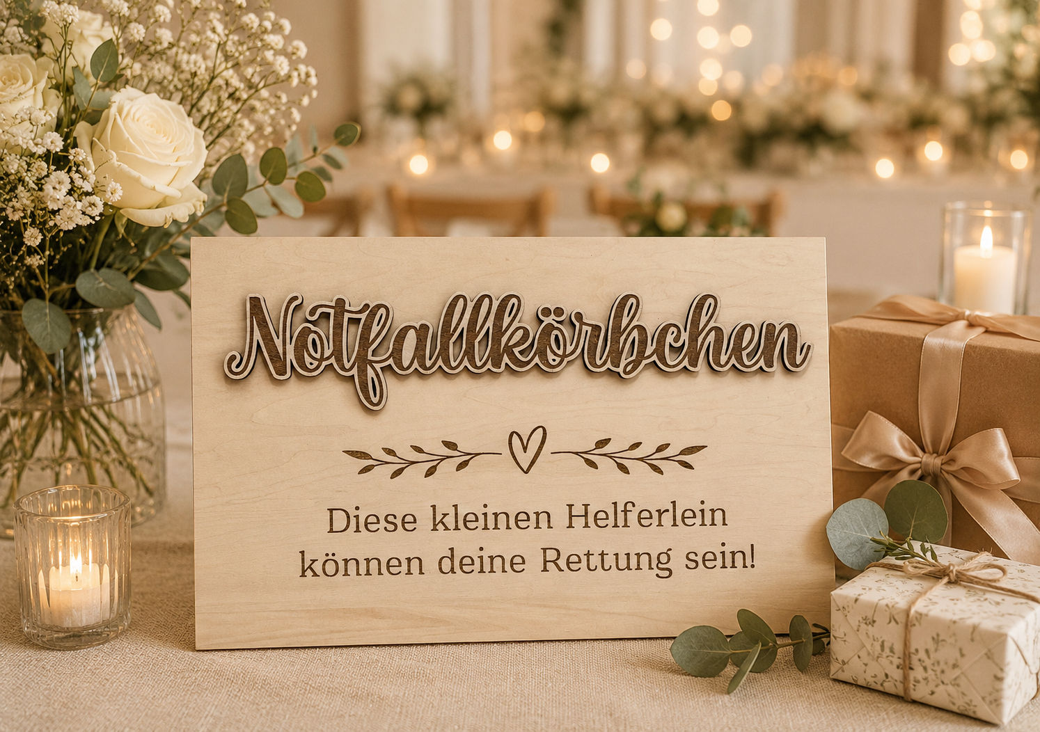 Hochzeitsschild „Notfallkörbchen“ aus Holz | A4 oder A3 | personalisierbar