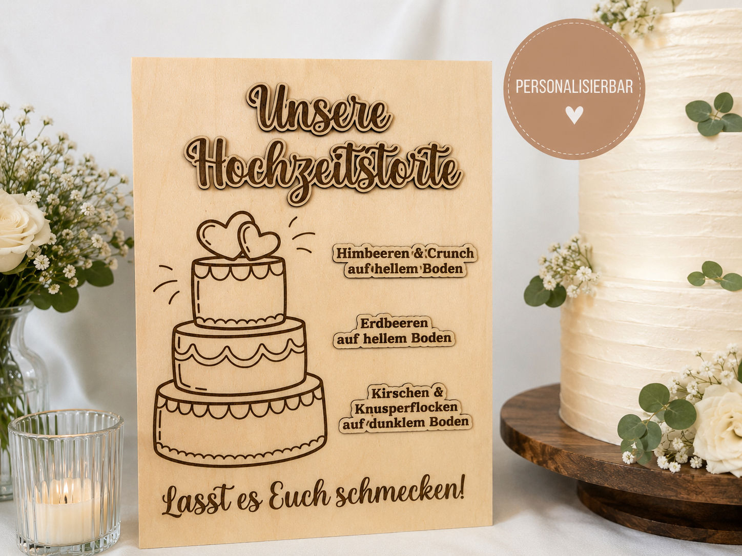 Hochzeitsschild „Hochzeitstorte“ aus Holz | A4 oder A3 | personalisierbar