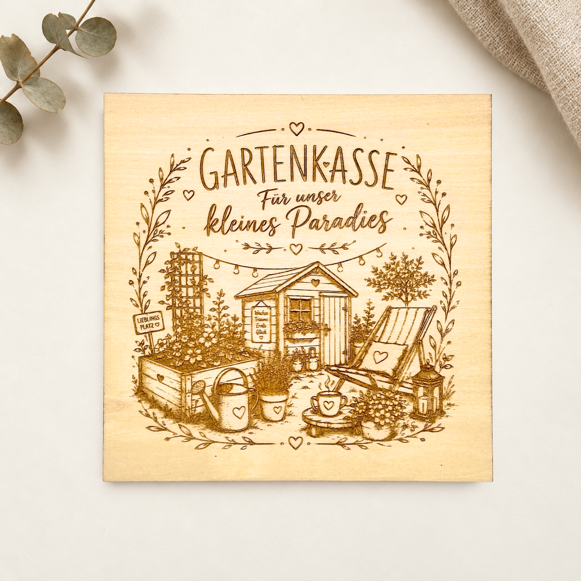 Spardose mit graviertem Holzeinleger - Gartenkasse