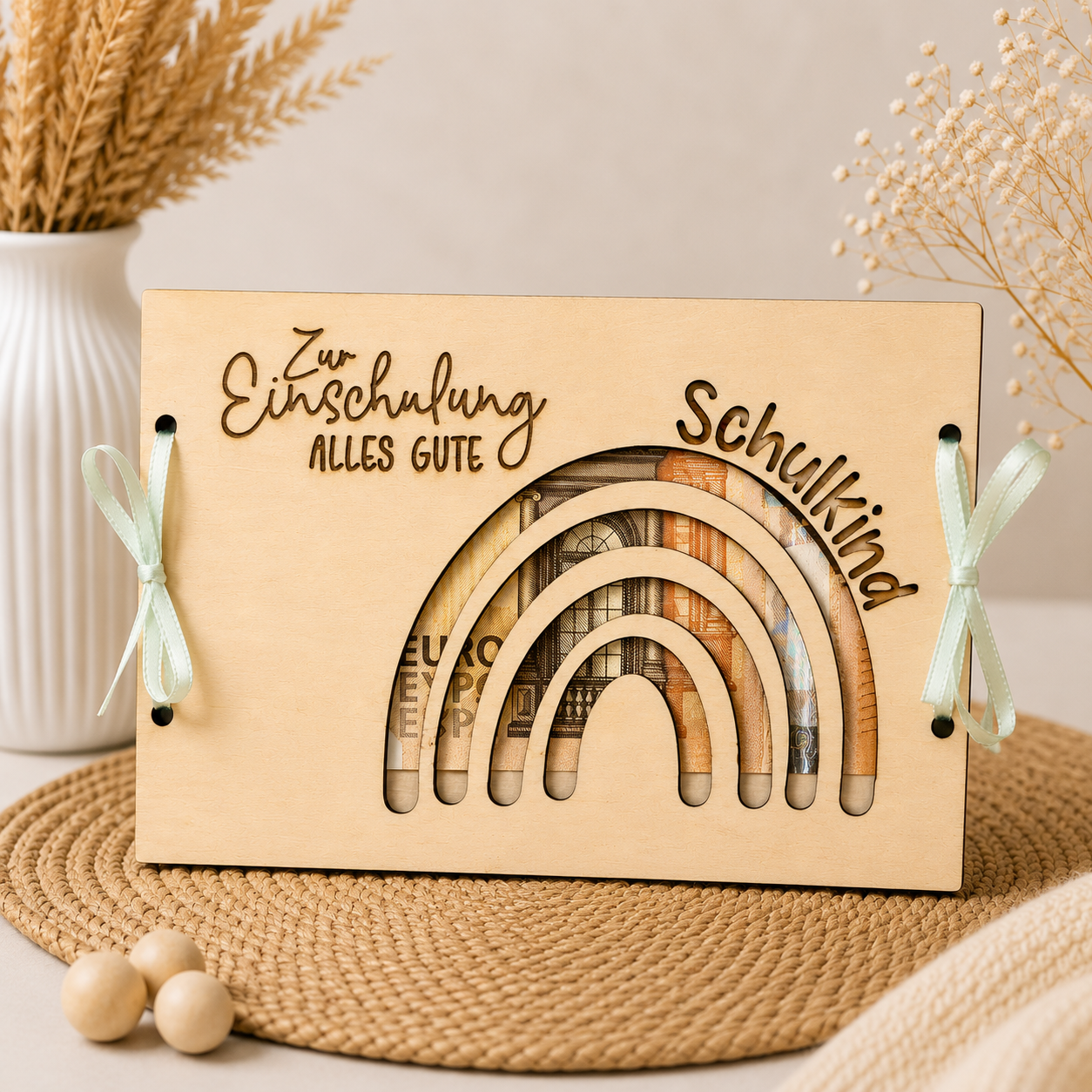 Geldgeschenk-Karte aus Holz „Regenbogen“ – Geschenk zur Einschulung