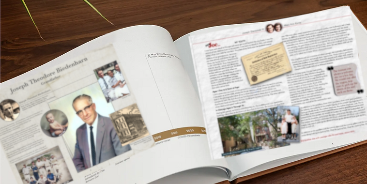 Background image: open heirloom book with family photos and biographical text