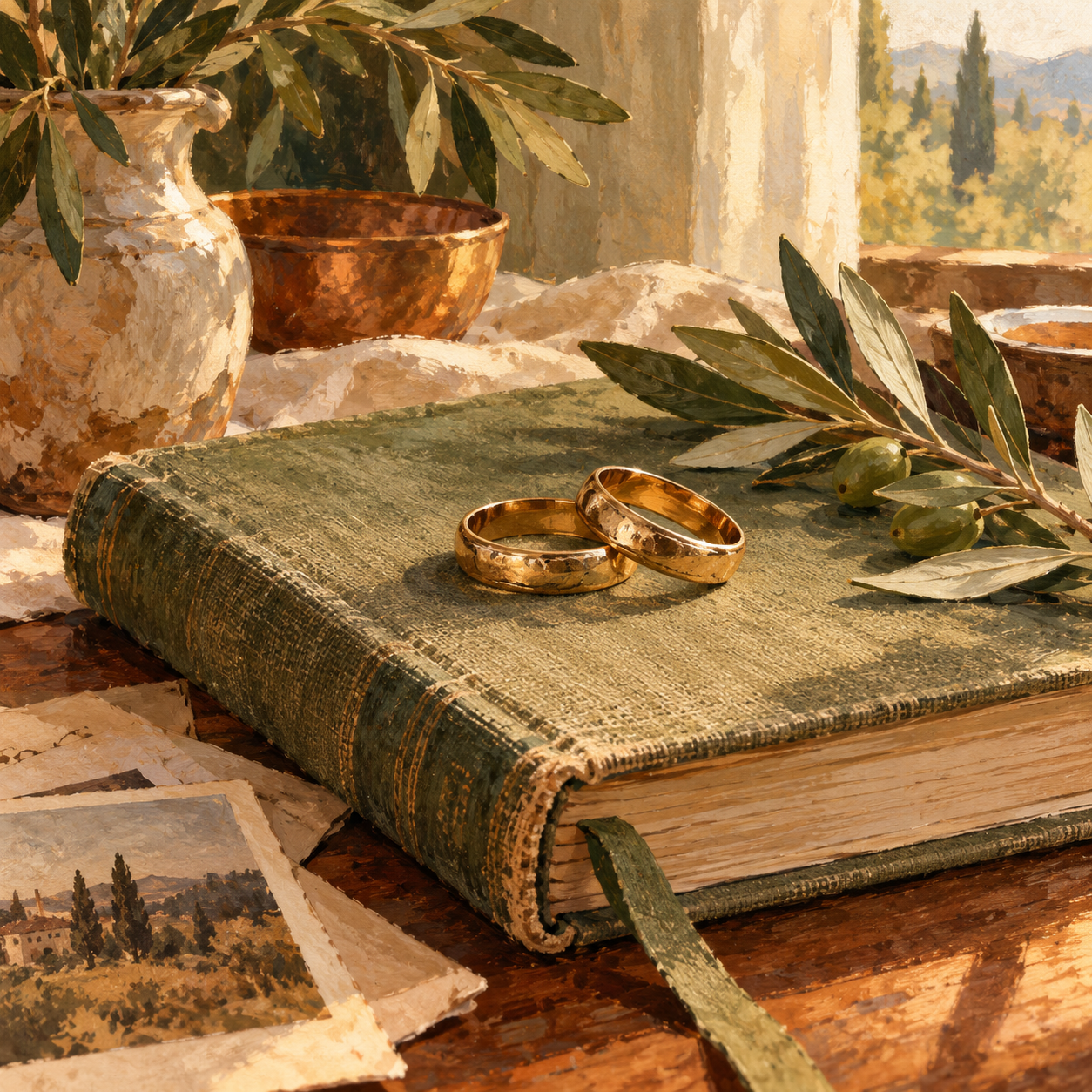 Wedding bands on a keepsake journal with an olive branch.