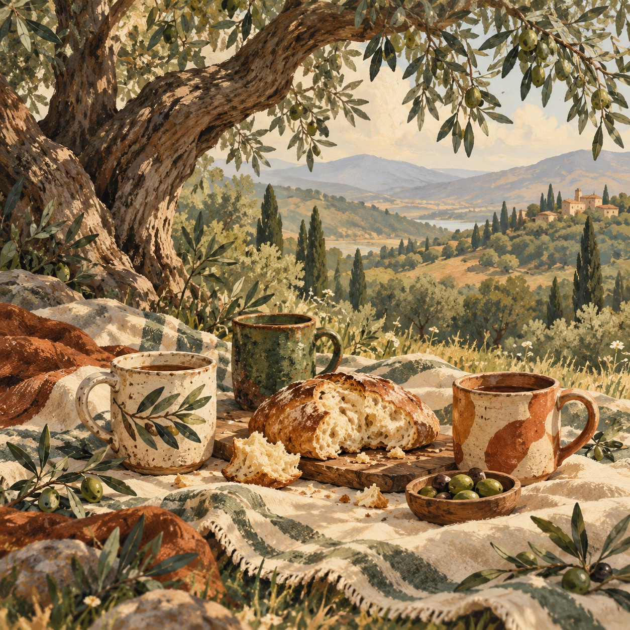 Three mugs and fresh bread shared beneath an olive tree.