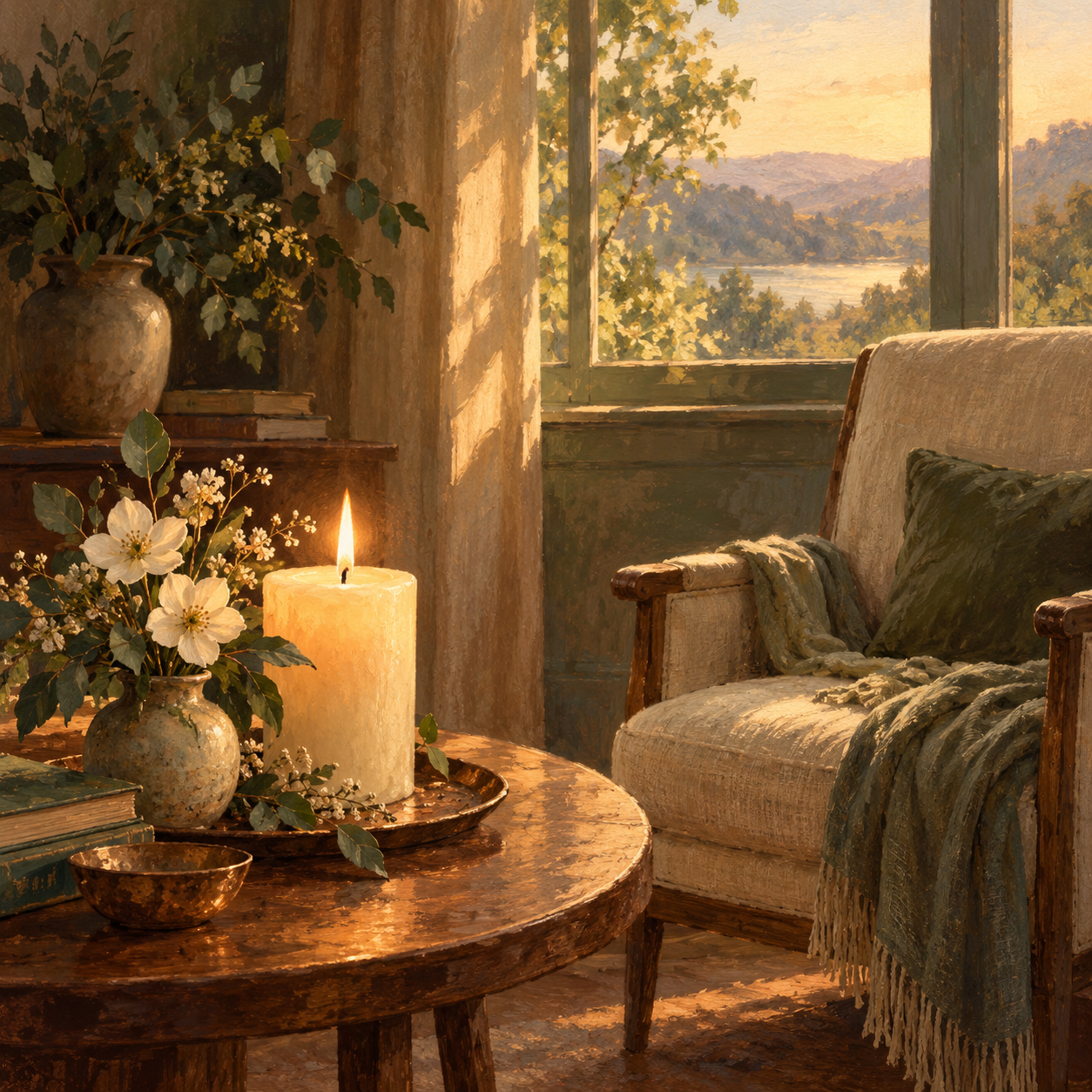 A memorial candle and white flowers beside a peaceful empty chair.