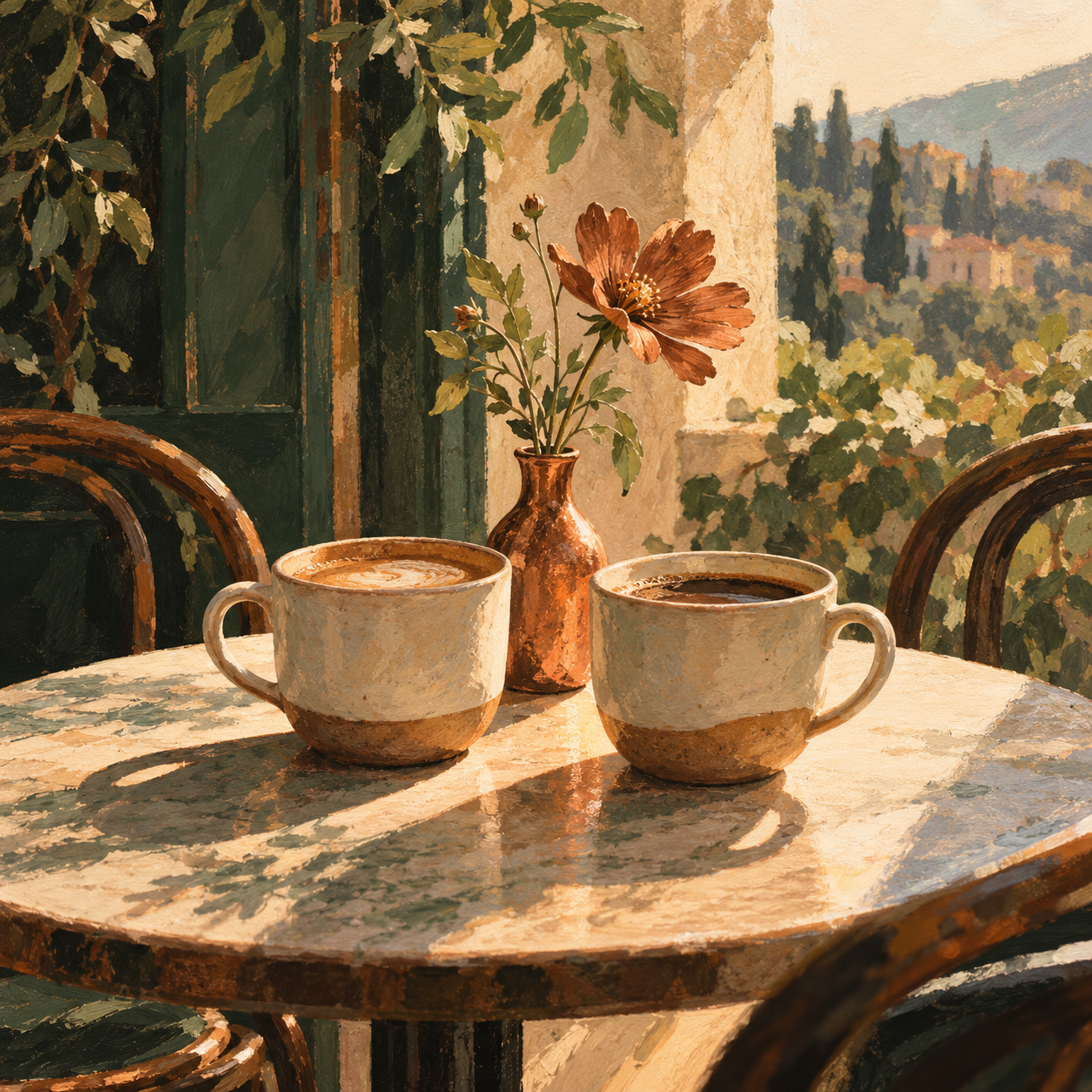 Two coffee cups and a flower in warm light.