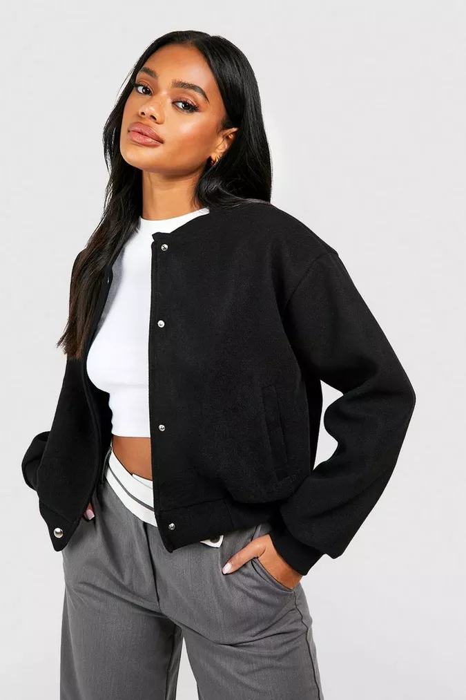 Wool texture cropped bomber jacket