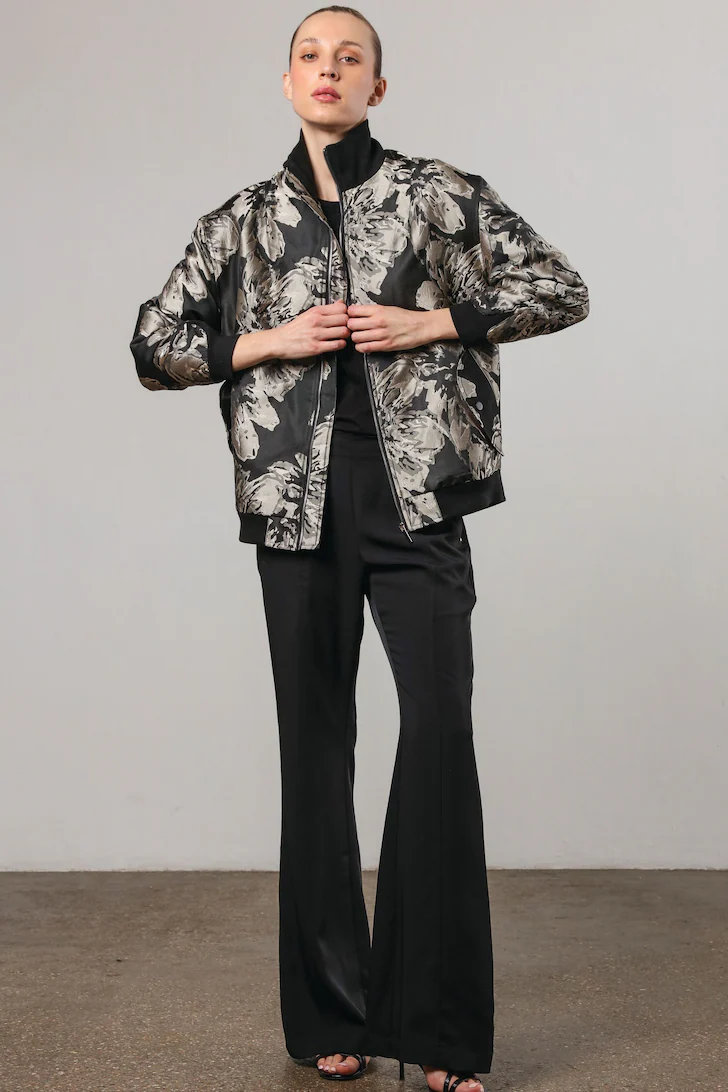 Black and silver jacquard floral womens bomber jacket