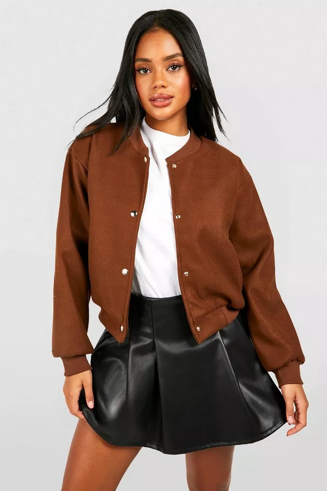 Brown tan wool texture womens bomber jacket