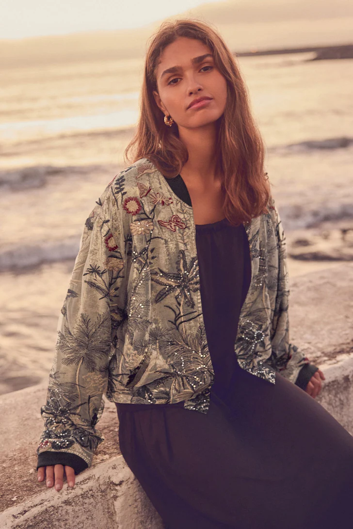 Sparkly palm patterned womens bomber jacket