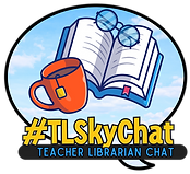 The image features an open book with glasses resting on top, placed against a blue sky with white clouds. To the left, there is a bright orange mug with a tea bag tag hanging out. Below the book and mug, bold yellow and black text reads "#TLSkyChat," followed by smaller blue and black text stating "Teacher Librarian Chat."
